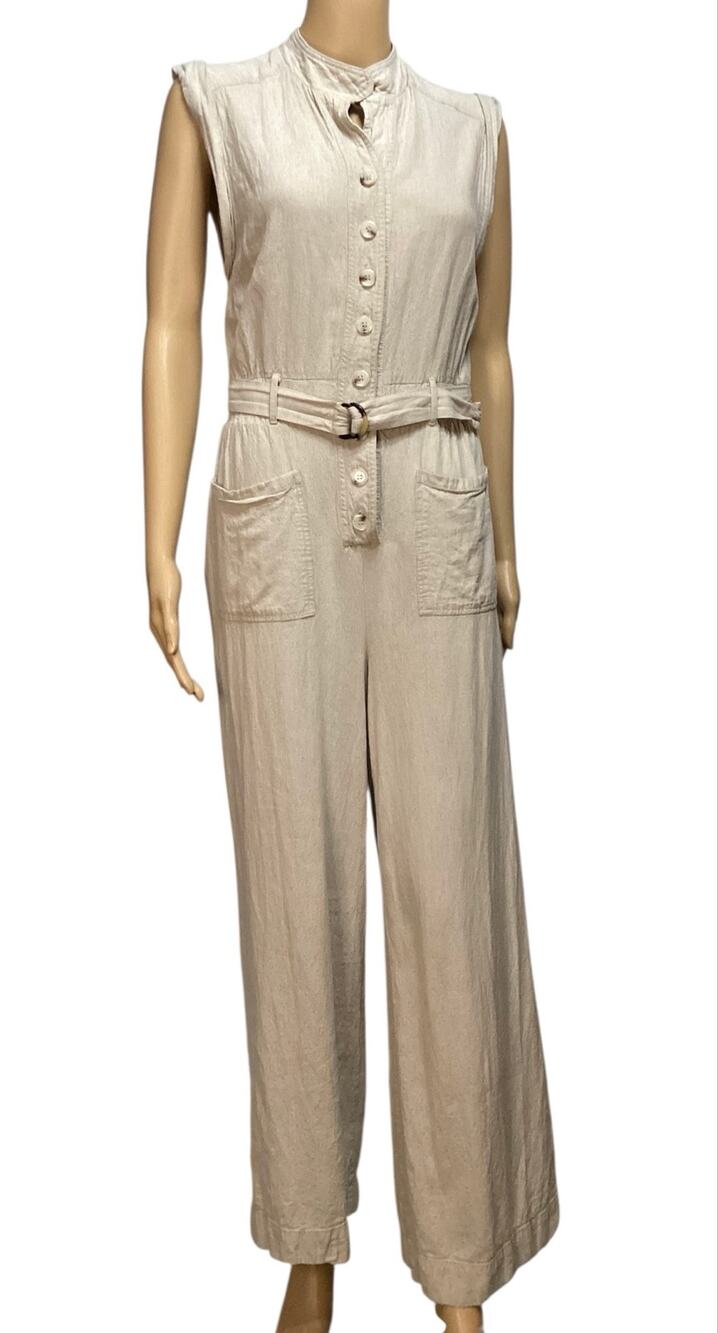 Free People Oatmeal Linen Belted Button Front Sleeveless Wide Leg Jumpsuit S/P